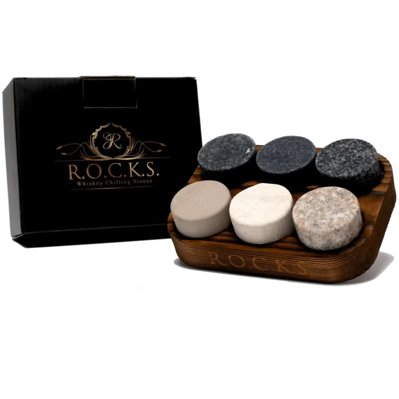The Original R.O.C.K.S. Whiskey Chilling Stones - Set of 6 Granite Rocks with Hardwood Tray