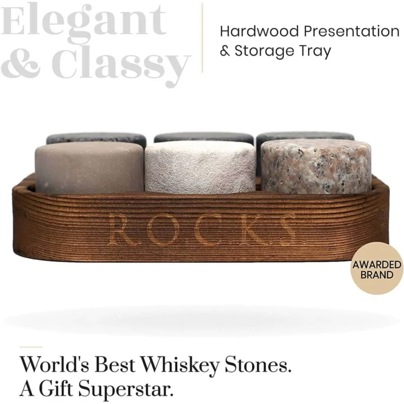 The Original R.O.C.K.S. Whiskey Chilling Stones - Set of 6 Granite Rocks with Hardwood Tray - Image 4