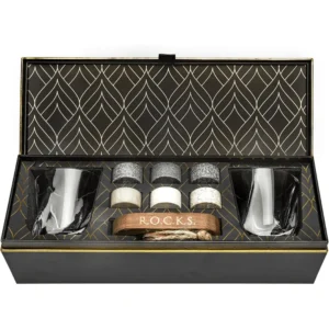 Whiskey Stones Gift Set with 2 Glasses and Hardwood Tray