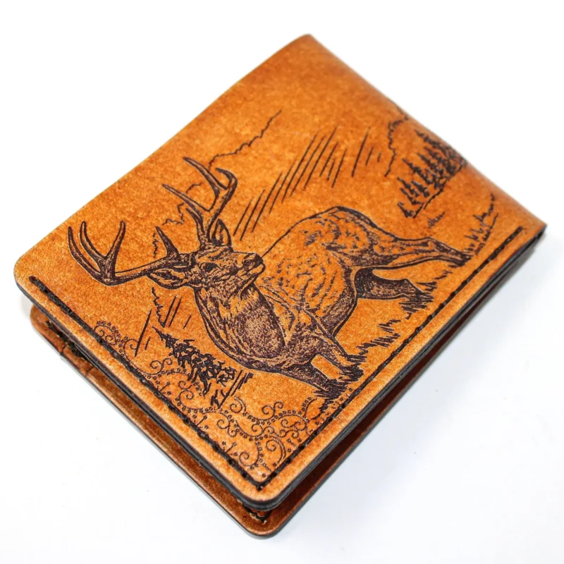Handcrafted Genuine Leather Wallet with Whitetail Deer Illustration and Gun Engraving Detail - Made in USA