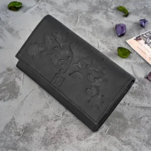 Black embossed leather wallet with floral motif and RFID protection