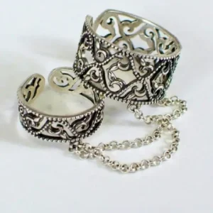 Armenian Handmade Silver 925 Double Ring with Chain – Filigree Design