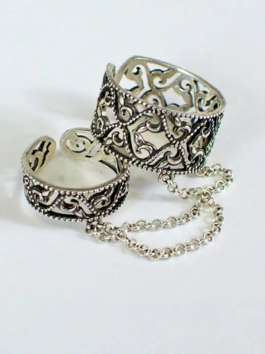 Armenian Handmade Silver 925 Double Ring with Chain – Filigree Design