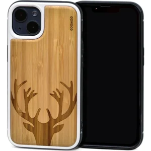 iPhone 13 bamboo wood case with engraved deer design and protective black TPU bumper