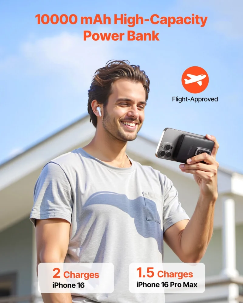 Flight-approved portable power bank with compact travel design.