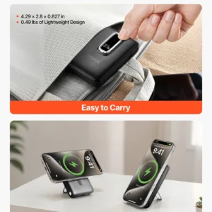 Magnetic wireless charger with foldable stand for hands-free viewing.