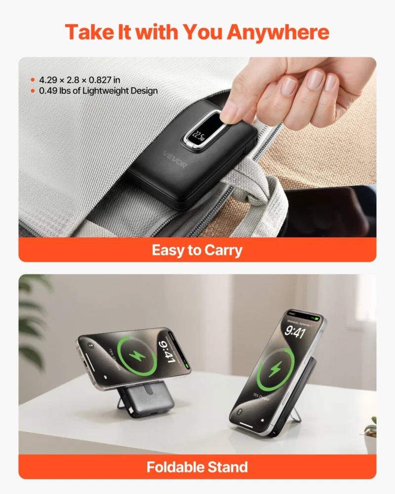 Magnetic wireless charger with foldable stand for hands-free viewing.
