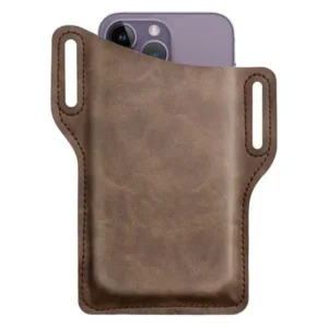 Durable PU leather phone holster with secure belt loop and curved edge design.