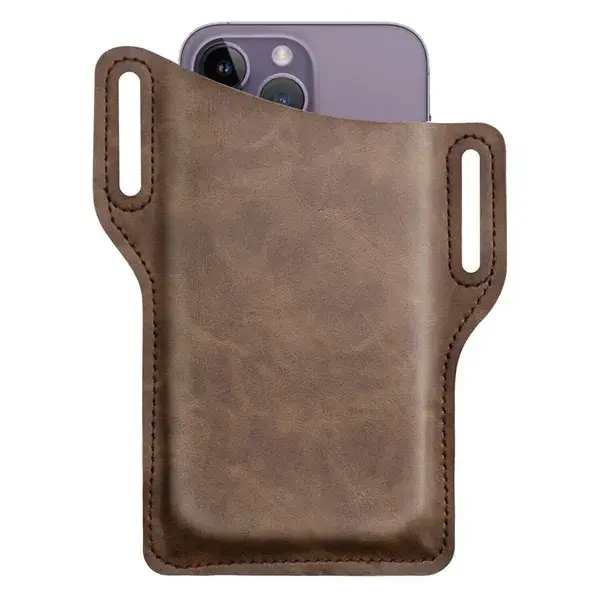 Durable PU leather phone holster with secure belt loop and curved edge design.